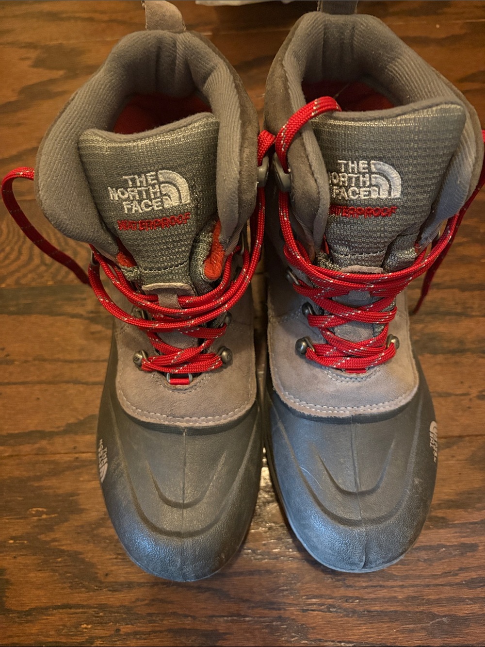 The North Face Gray and Red Kids Waterproof Winter Boots